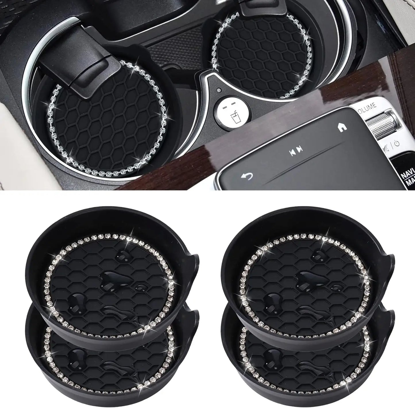 Bling Rhinestone Car Cup Holder Coasters | Non-Slip Rubber Pads