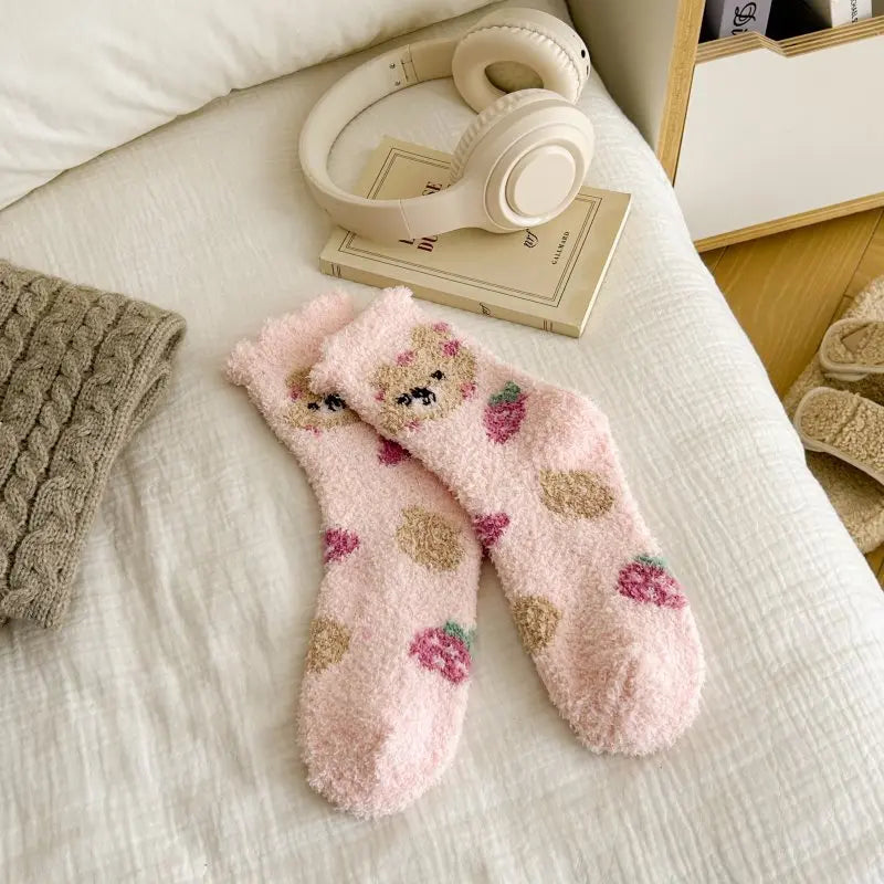 New Fashion Coral Fleece Women Socks Warm Home Floor Socks Strawberry Bear Socks Mid Tube Sleep Socks Plush Socks Added Fleece Peaceful Pleasures Health and Wellness Pink One Size