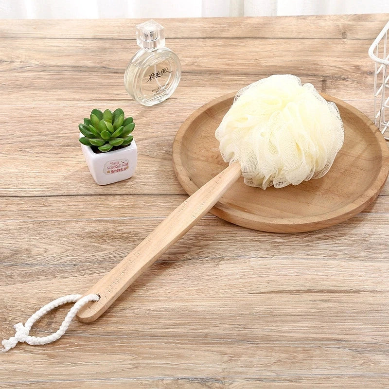 Wooden Handle Bath Brush & Mesh Back Scrubber Sponge Bath Back Scrubber Peaceful Pleasures Health and Wellness WHITE