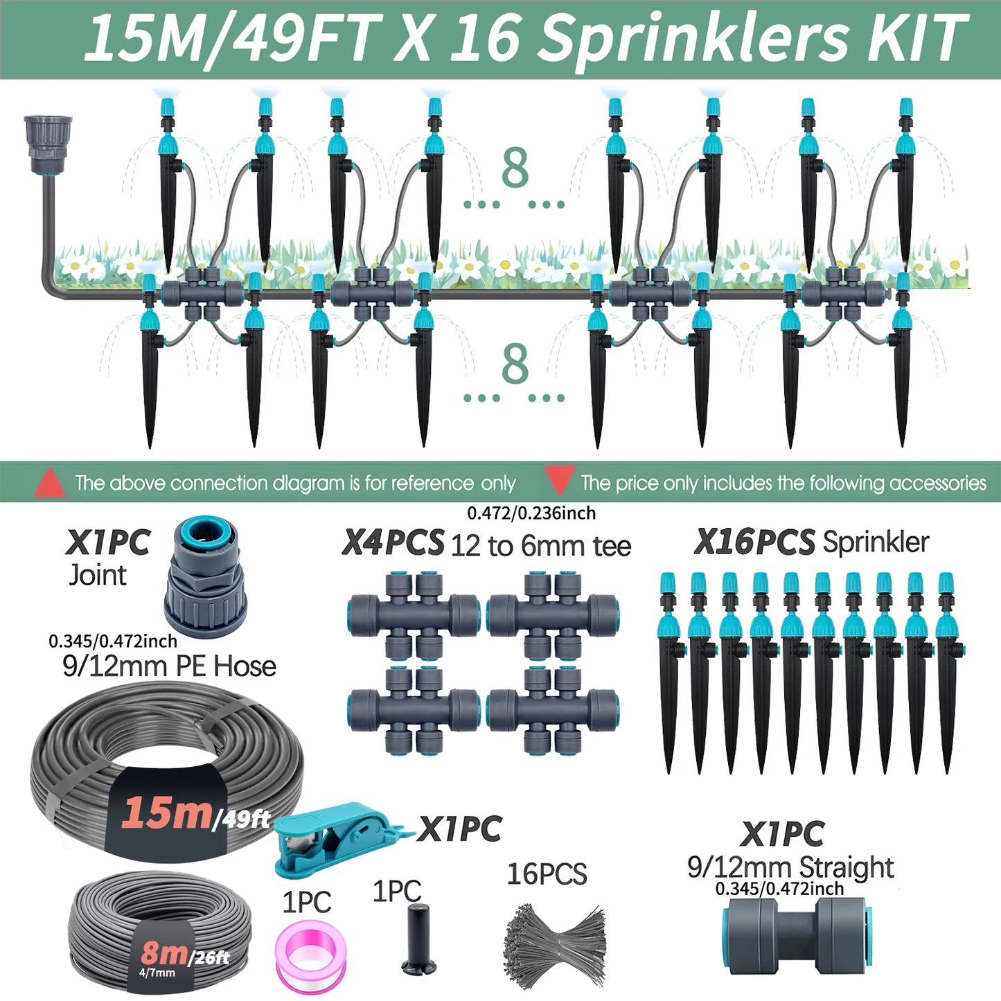 3/8" Garden Irrigation Watering System 12mm PE Hose 360° Adjustable 2-in-1 Misting Quick Connect Sprinkler Micro Dripper Sprayer Peaceful Pleasures Health and Wellness 15m Kit
