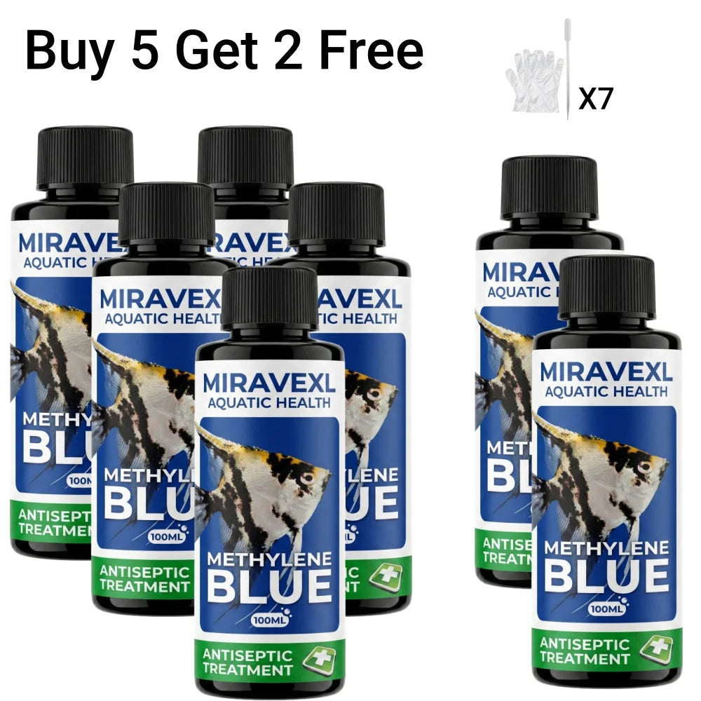 MIRAVEXL 100ml Methylene Blue Aquarium Fish Antiseptic Treatment Fungus Ich Parasite Cure Water Care Drops Pipette Gloves Set Peaceful Pleasures Health and Wellness 7PCS