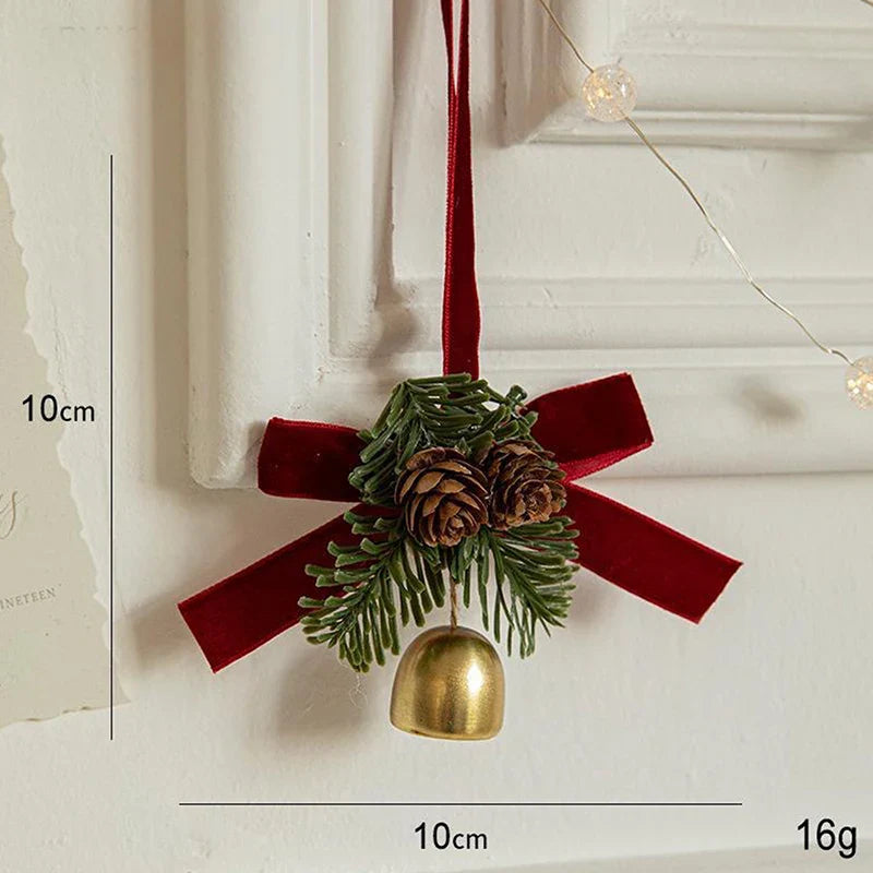 Christmas Jingle Bell Door Hanger – Velvet Bow & Pine Cone Ornament