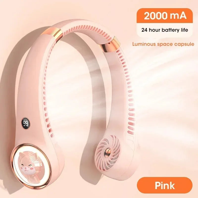Bladeless Cute Cat Neck Fan USB Rechargeable Mini with Digital Display 2000mAh Battery for Outdoor Travel Peaceful Pleasures Health and Wellness Pink
