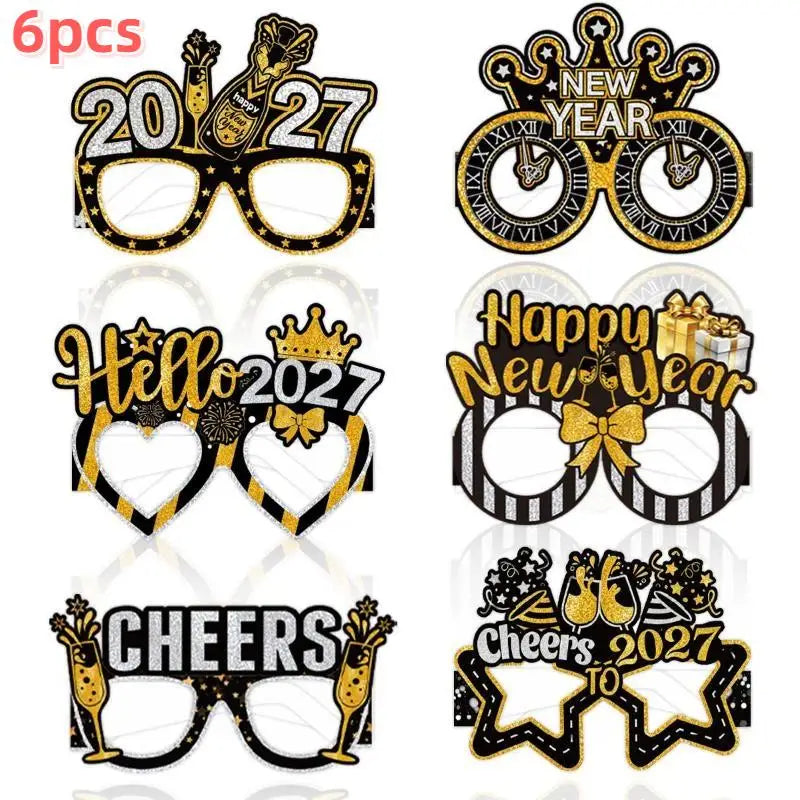 2027 New Year Party Paper Glasses 6pcs Black Gold Glitter