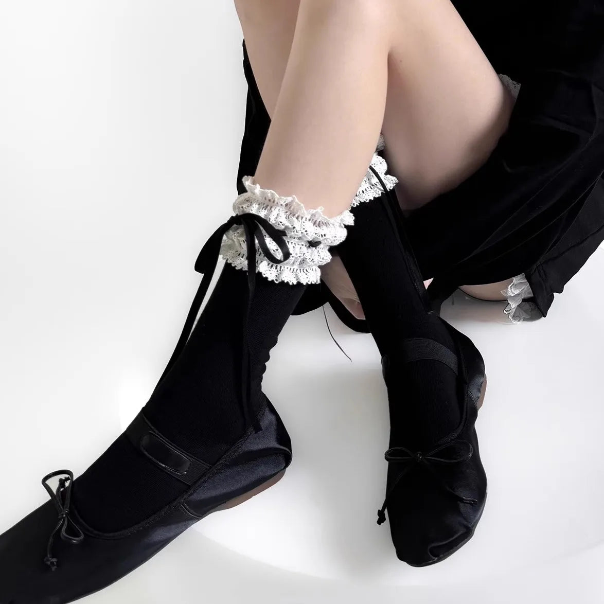 Wide Lace Ribbon Ballet Socks for Women Summer Thin Cotton Bow Mid Tube Socks Lolita Style Cute Breathable Daily Versatile Socks Peaceful Pleasures Health and Wellness D