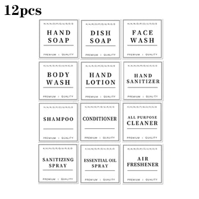 12pcs Shampoo and Conditioner Dispenser Label Stickers Bottles Waterproof Labels Bathroom Removable Cleaning Labels Peaceful Pleasures Health and Wellness White