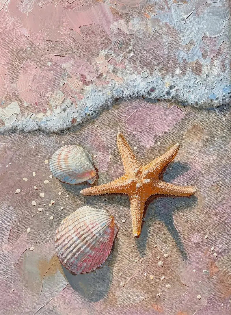 Pink Seashell Starfish Beach Canvas Wall Art | Coastal Decor