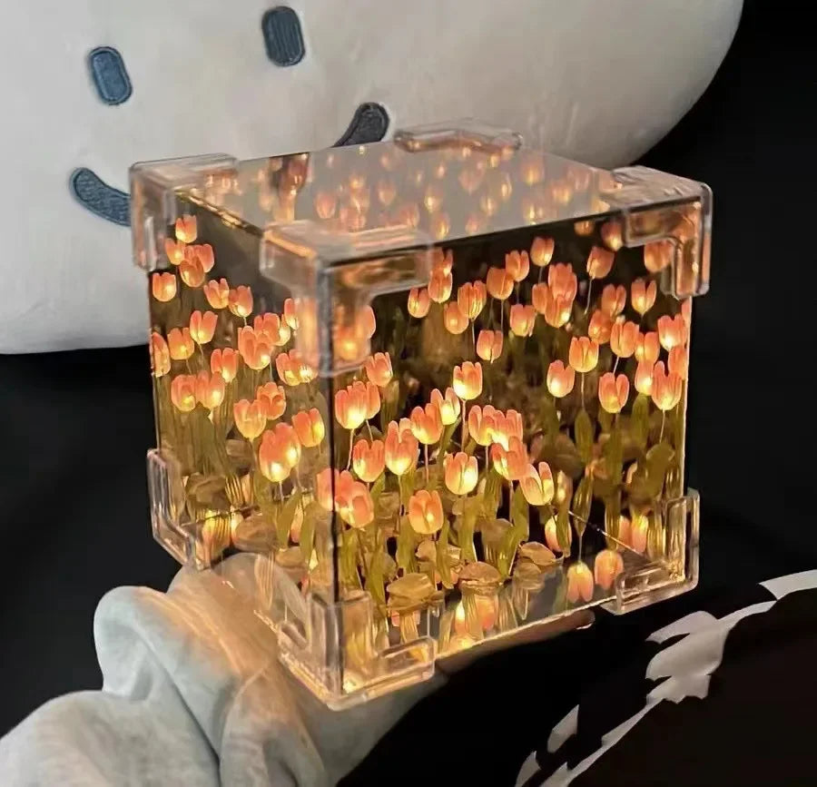 Hot Tulip Nightlight Handmade DIY Material Cube Tulip Mirror Bedroom Decor Atmosphere Lamp Valentine's Day Birthday Gift Peaceful Pleasures Health and Wellness battery 20FLOWERS PINK DIY