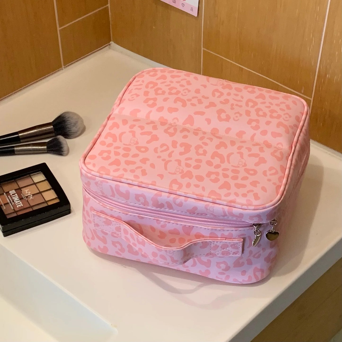 Hot Leopard Print Hanging Toiletry Bag Large Capacity Stand-Up Makeup Cosmetic Organizer Multifunctional Travel Cases Peaceful Pleasures Health and Wellness Pink