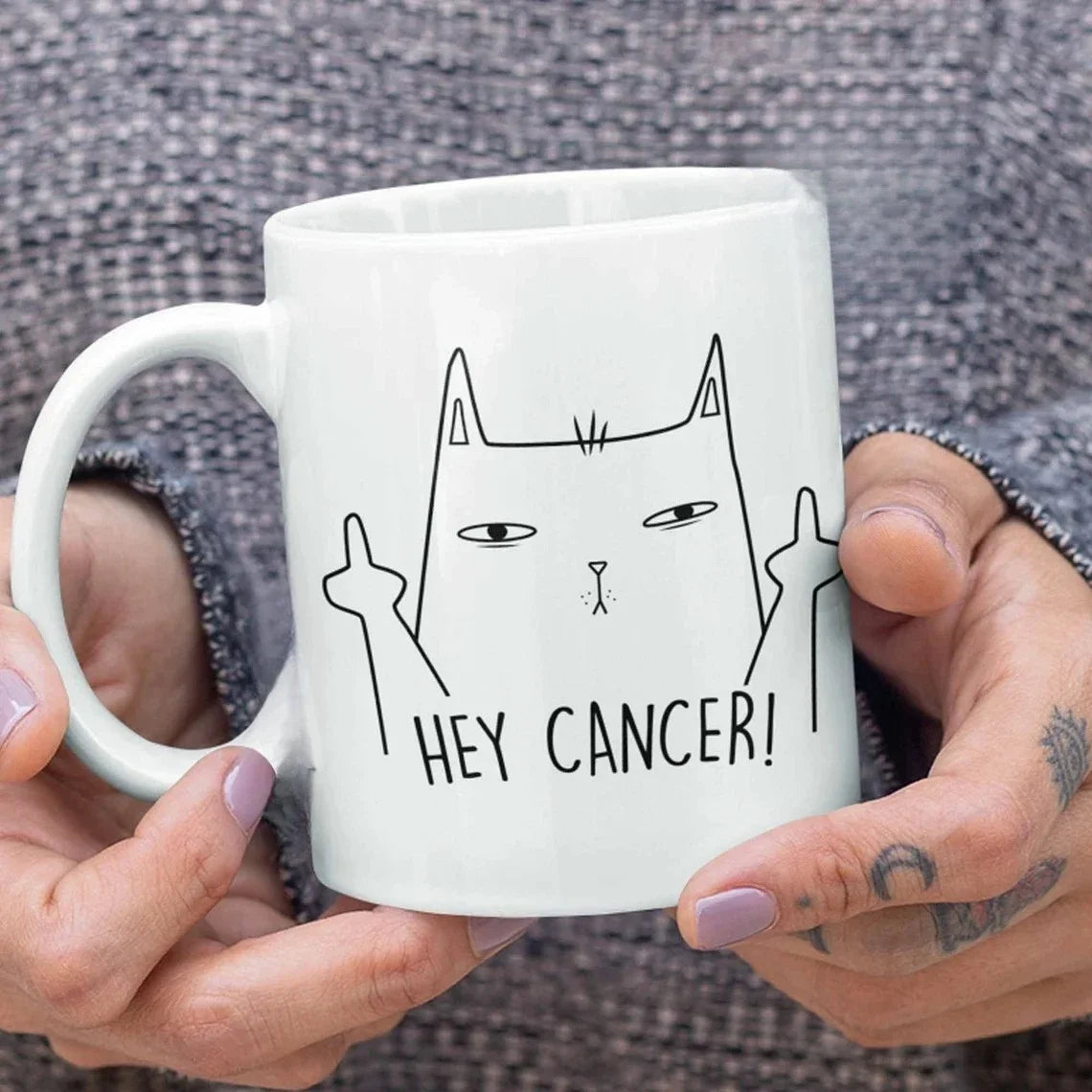 Hey Cancer Middle Finger Cat Mug | Cancer Fighter Gift Ceramic Coffee Mug Peaceful Pleasures Health and Wellness A
