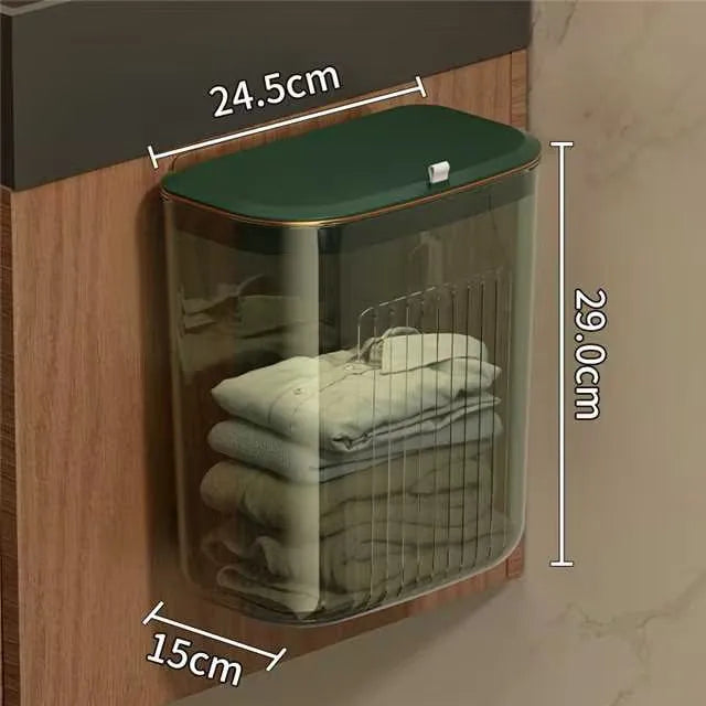 Luxury Wall-Mounted Laundry Hamper No-Drill Hanging Dirty Clothes Basket with Lid for Bathroom/Bedroom, Transparent Storage Bin Peaceful Pleasures Health and Wellness Green L