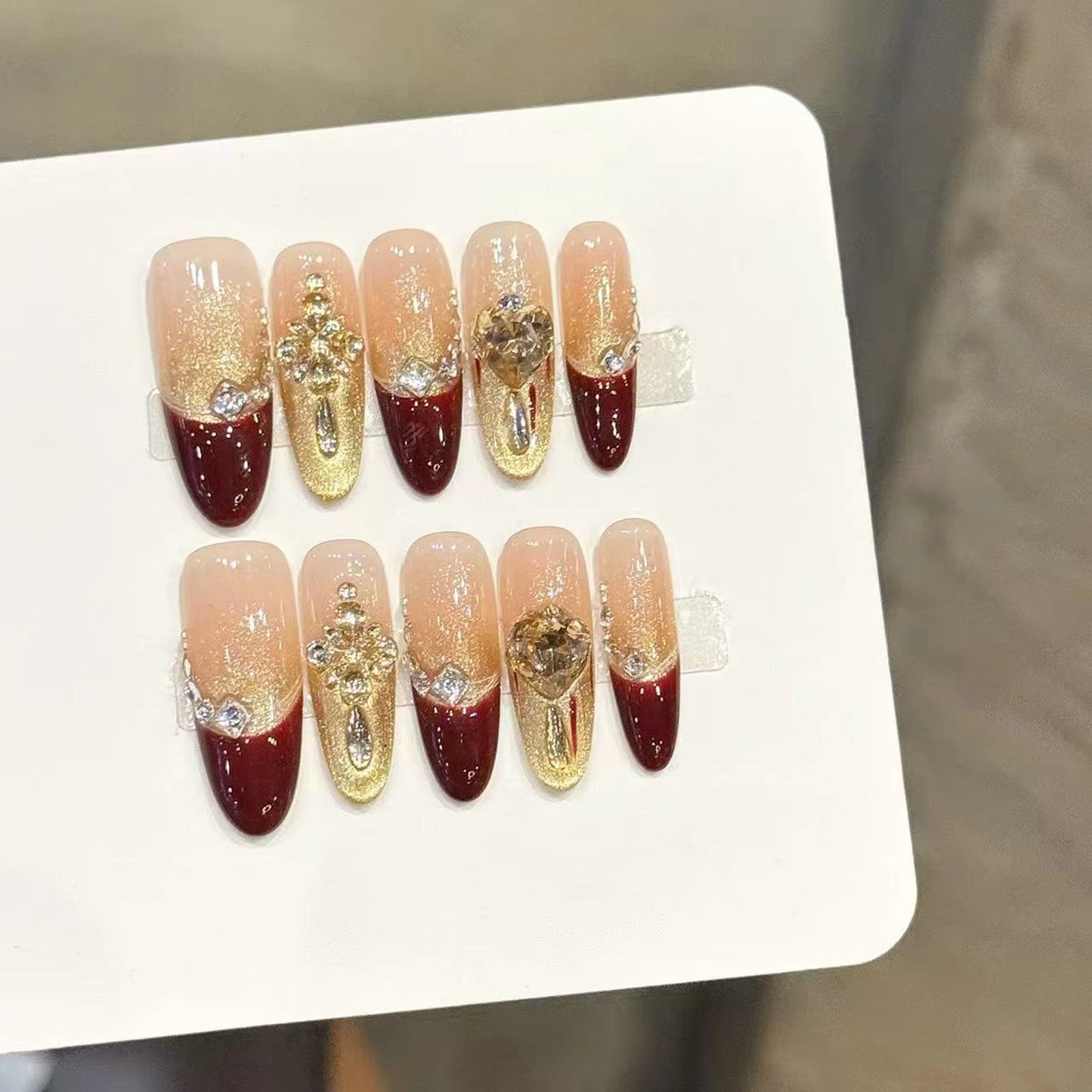 10pcs Glitter Cat's Eye Press On Nails | French Almond Tips
