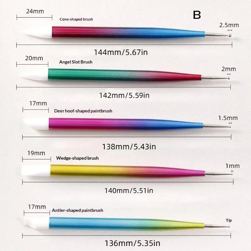 5Pcs Professional Nail Art Silicone Embossing Brush Dual-Head UV Gel Dotting Painting Pen Manicure Clay Sculpting Drawing Tools Peaceful Pleasures Health and Wellness B