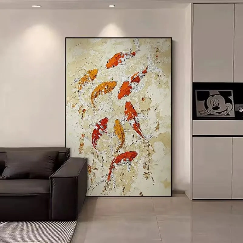 Modren Beautiful Home Wall Decor Pure Handmade Abstract Fishes Oil Painting On Canvas Poster Mural For Living Room Bedroom Porch Peaceful Pleasures Health and Wellness