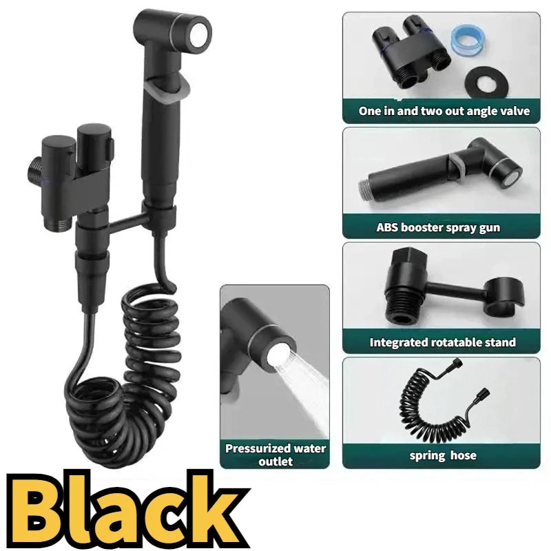 Toilet Cleaning Bidet Toilet Sprayer Set Water Portable Handheld Bidet Sprayer Shower Double Outlet Angle Valve Accessories Peaceful Pleasures Health and Wellness Black