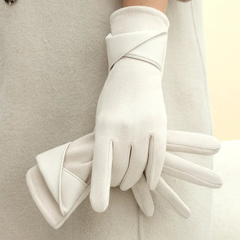 Women's Suede Touchscreen Winter Gloves – Warm Velvet Bow