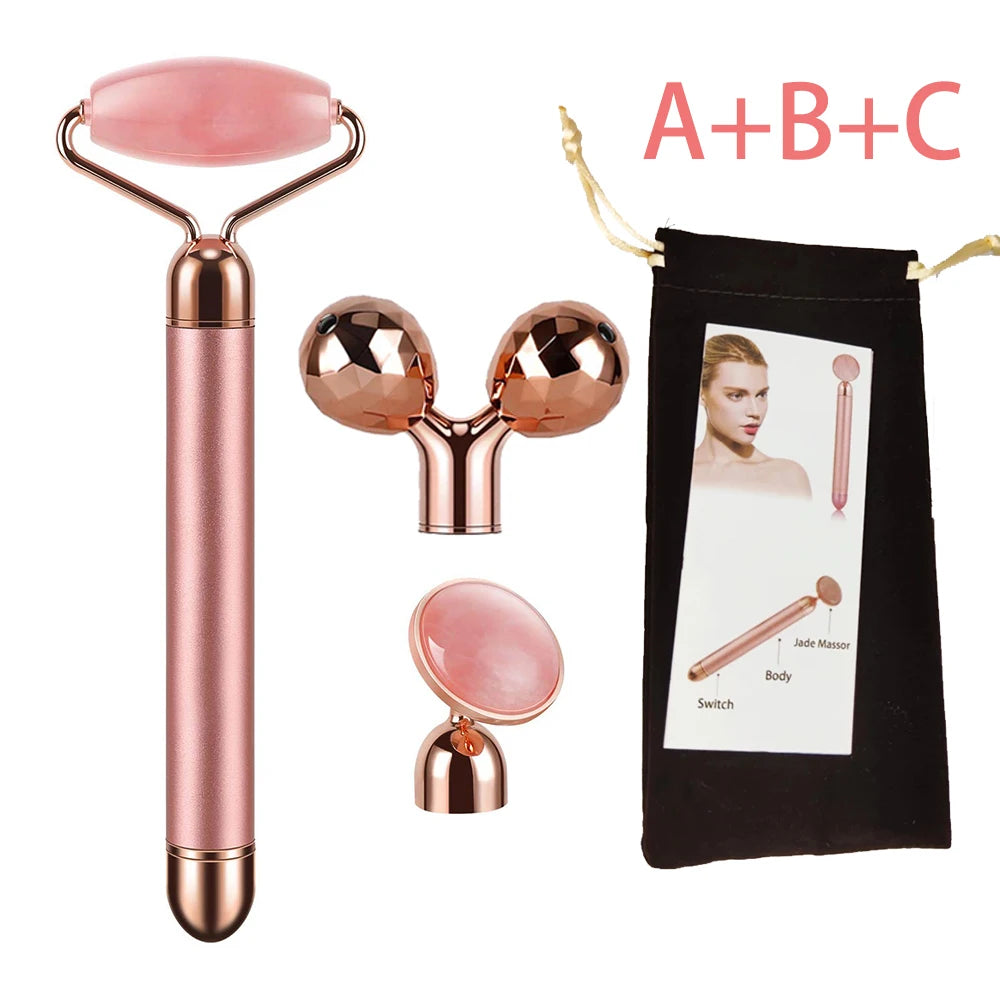 New Electric Vibrating Jade Roller Massager For Slimming Face Lifting Rose Quartz 3D Roller Stone Facial Skin Care Beauty Tool Peaceful Pleasures Health and Wellness 3 IN 1 No Box