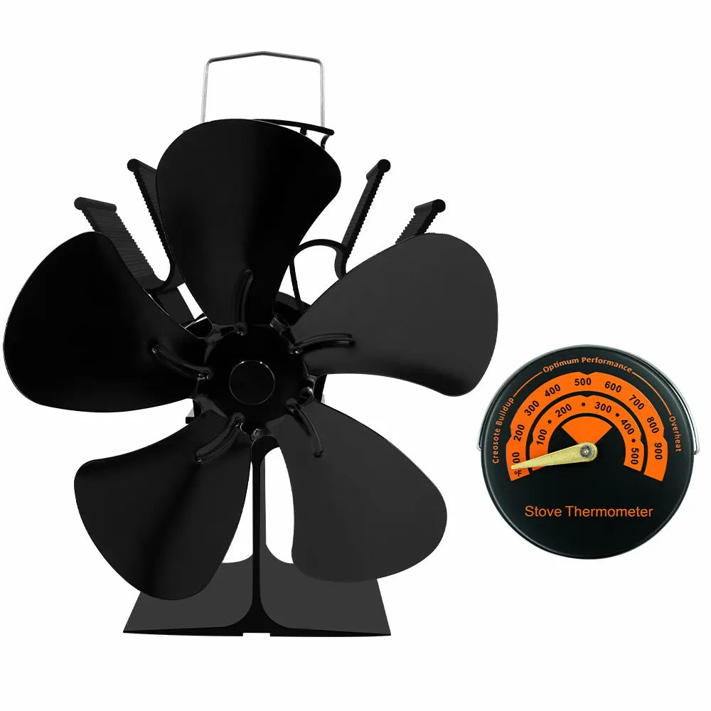 5-Blade Heat Powered Stove Fan for Wood Log Burner Fireplace Quiet Environmental Fan Heater Tool Efficient Heat Distribution Peaceful Pleasures Health and Wellness with Thermometer B