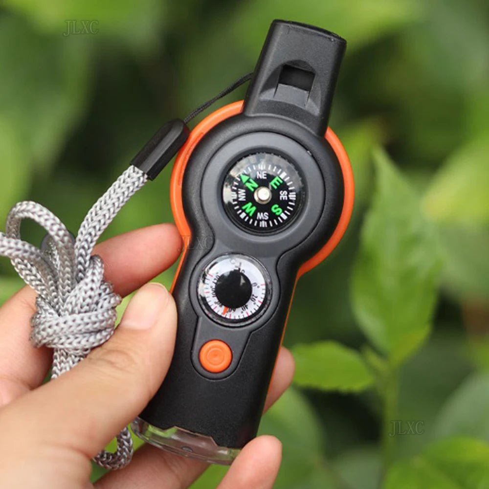 7 in 1 Emergency Safety Whistle Loud Survival whistle thermometer with Mini Compass for Outdoor Hiking Camping Boating Peaceful Pleasures Health and Wellness