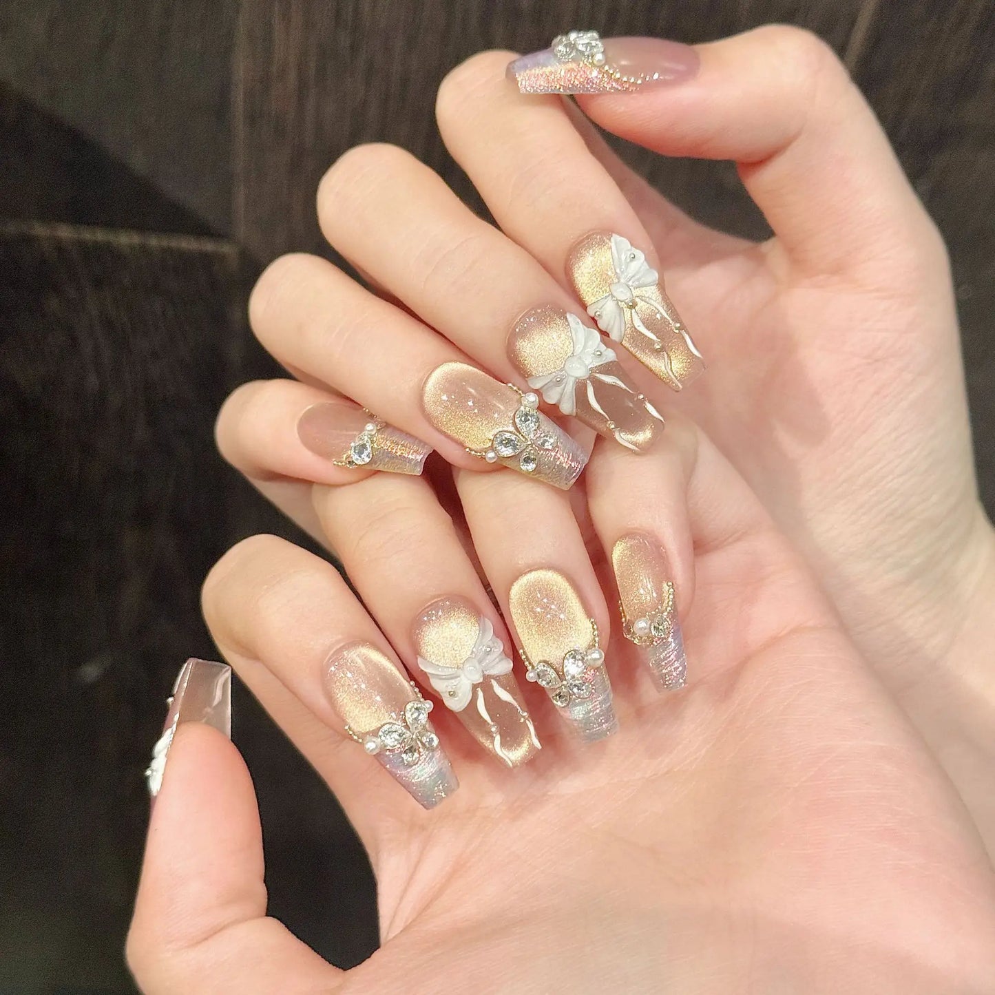 Korean 3D Bow Press On Nails | Aurora Glitter Diamond 10pcs Set