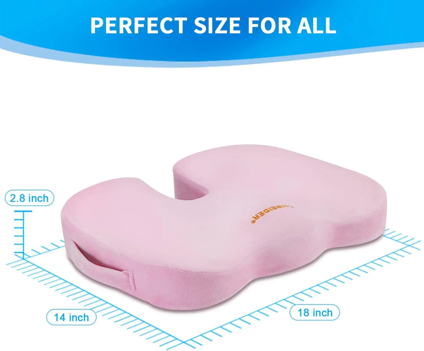 Pink U-shaped pillow with measurements on a white background