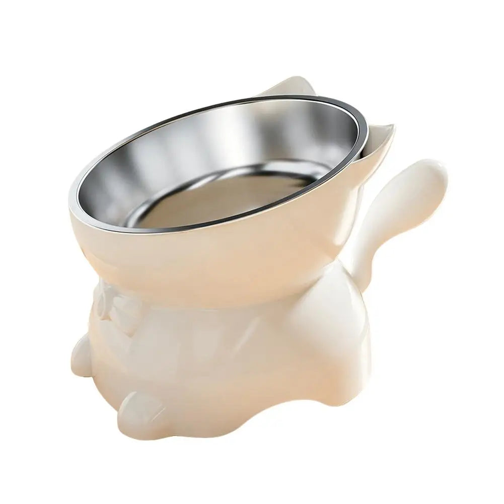 Increased Neck Protection High Quality Water Bowl Healthy Safe Stainless Steel Cat Bowl Anti-overturning Oblique Mouth Pet Bowl Peaceful Pleasures Health and Wellness White