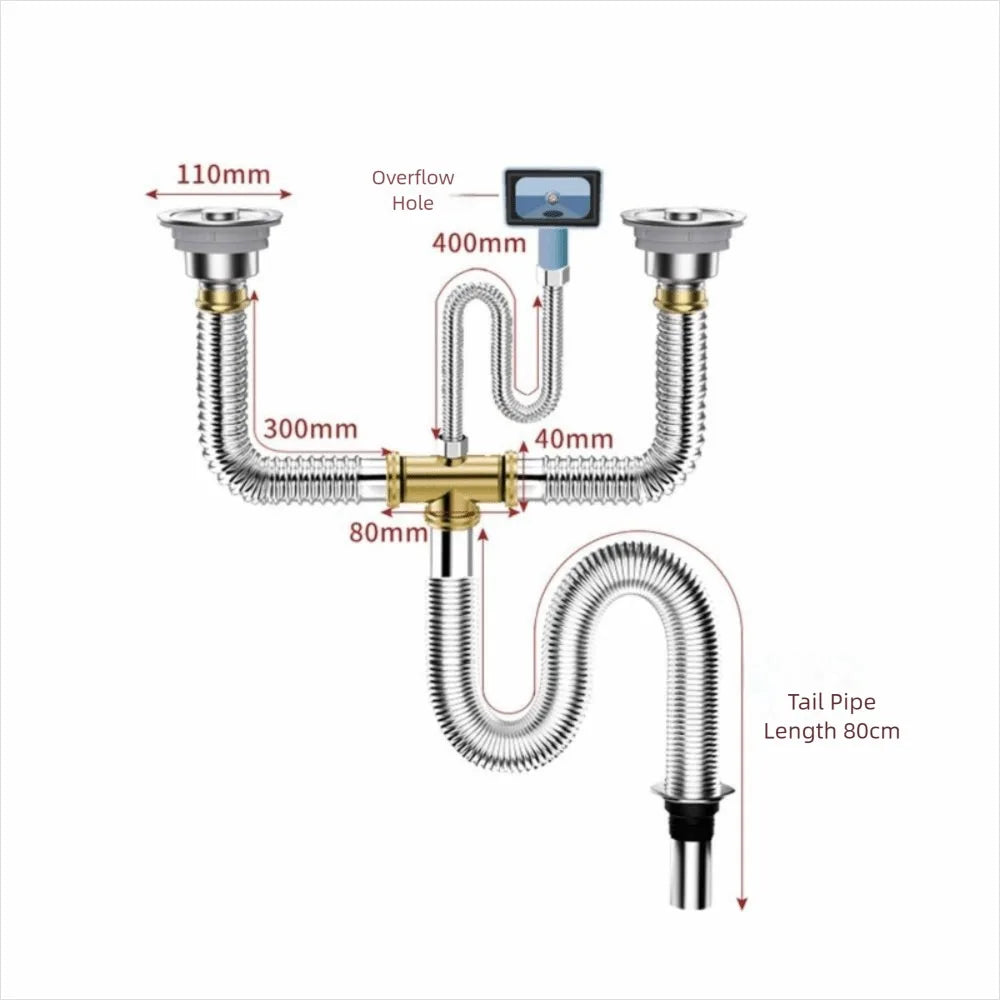 Stainless Steel Sink Drain Pipe Set Easy Install Single/Double Bowl Sewer Replacement Pipe Space Saving Anti Clogging Peaceful Pleasures Health and Wellness Double-slot