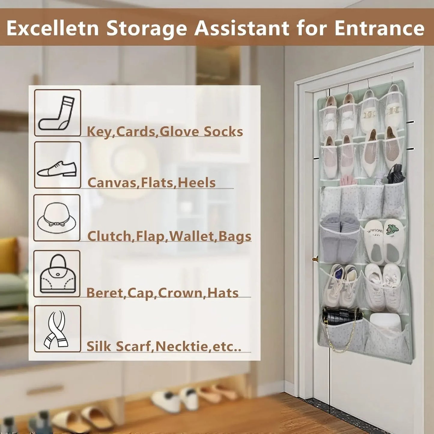 18-Pocket Over-the-Door Organizer with 4 Pocket Types, Green Hanging Storage for Shoes, Socks, and More Peaceful Pleasures Health and Wellness