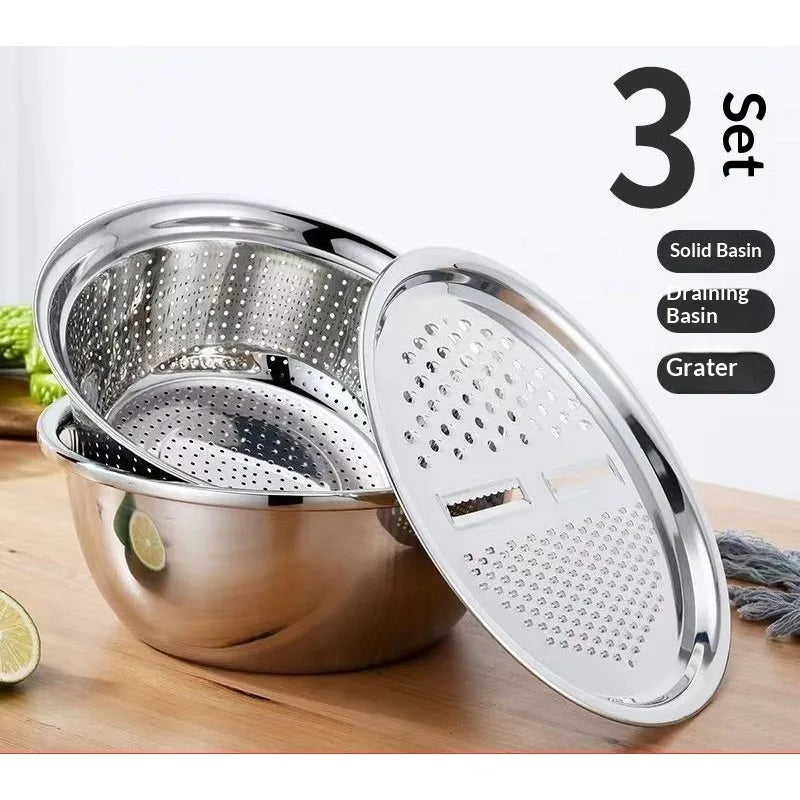 New 3pcs Stainless Steel Multi-Functional Kitchen Grater Set Draining Bowl with Vegetable Washing Mandoline Slicer for Potato Peaceful Pleasures Health and Wellness