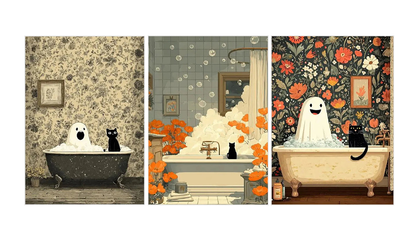 Halloween Ghost Black Cat Bathtub Canvas Wall Art Print