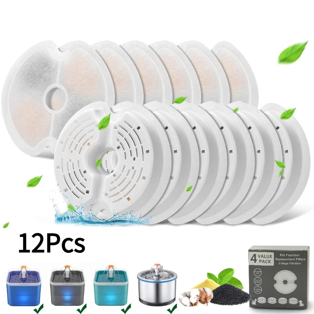 Dog Cat Water Fountain Filter Replacement Kit Pet Drinking Fountain Filters 3 Triple Filtration System Replacement Filters Peaceful Pleasures Health and Wellness 12 Pcs