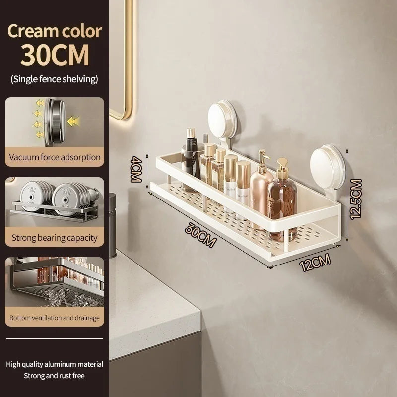 No-Drill Aluminum Bathroom Shelf | Suction Cup Wall Organizer