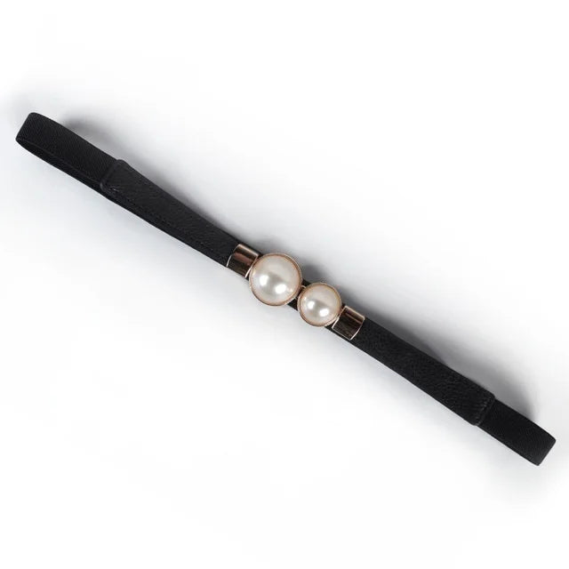 Elegant Double Pearls Buckle Elastic Women Belts Thin Straps Lady