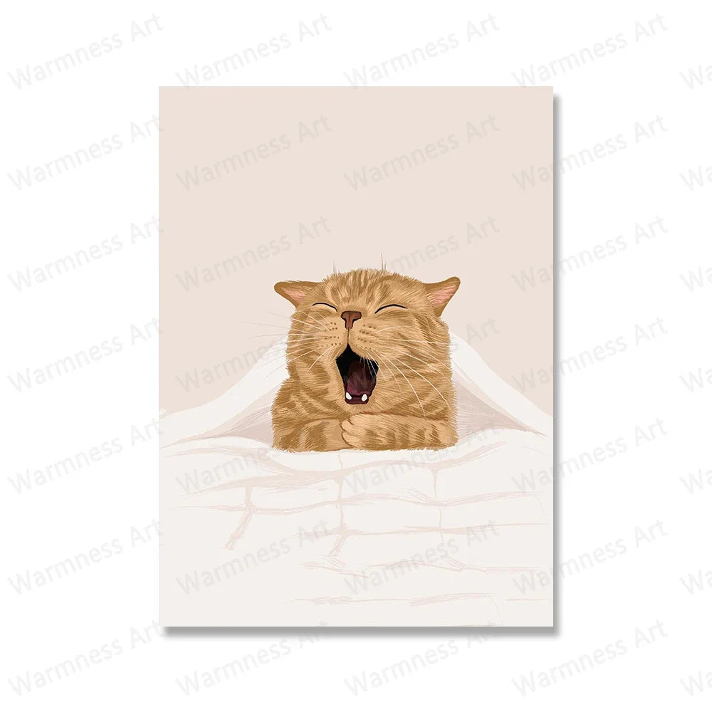 Retro Cat & Pizza Canvas Wall Art | Scandinavian Poster Print