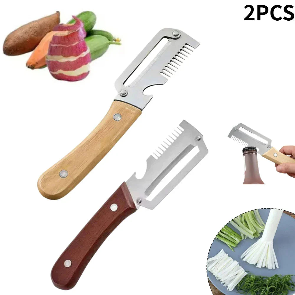3-in-1 Multifunction Kitchen Peeler, Wooden Handle Stainless Steel Serrated Knife, Vegetable Fruit Peeler Shredder Bottle Opener Peaceful Pleasures Health and Wellness 2 X MIXED