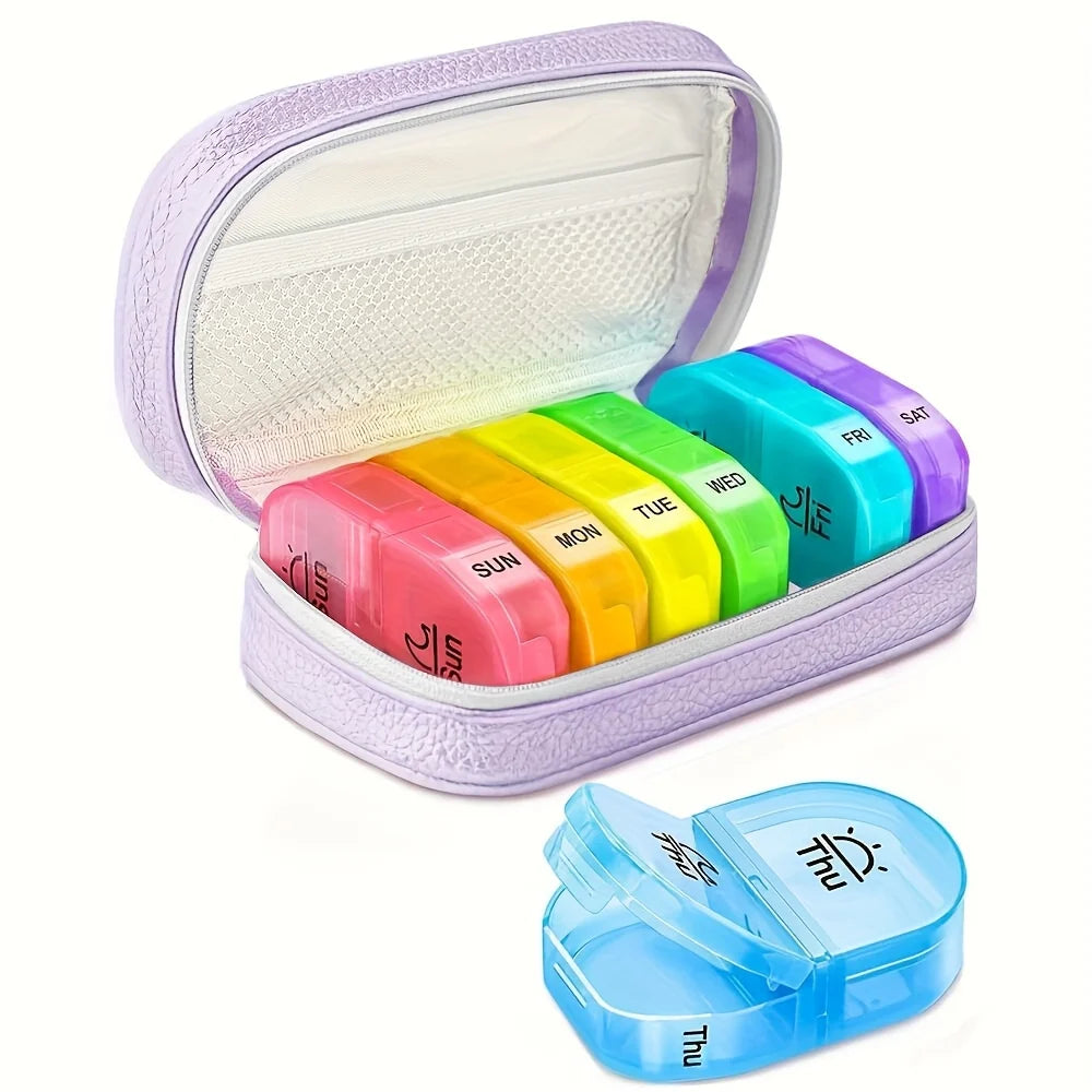 Cute Pill Organizer 2 Times a Day, PU Leather Pill Case, Portable Weekly Pill Box for Purse with Storage Bag to Hold Peaceful Pleasures Health and Wellness