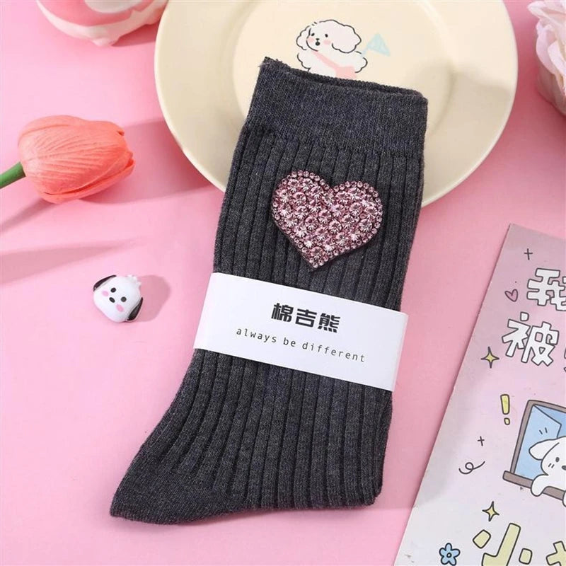 Diamond Heart-Shaped Decorative Socks, Fashionable Diamond Sparkling Women's Socks, Comfortable And Breathable Christmas Socks Peaceful Pleasures Health and Wellness Dark Grey One Size