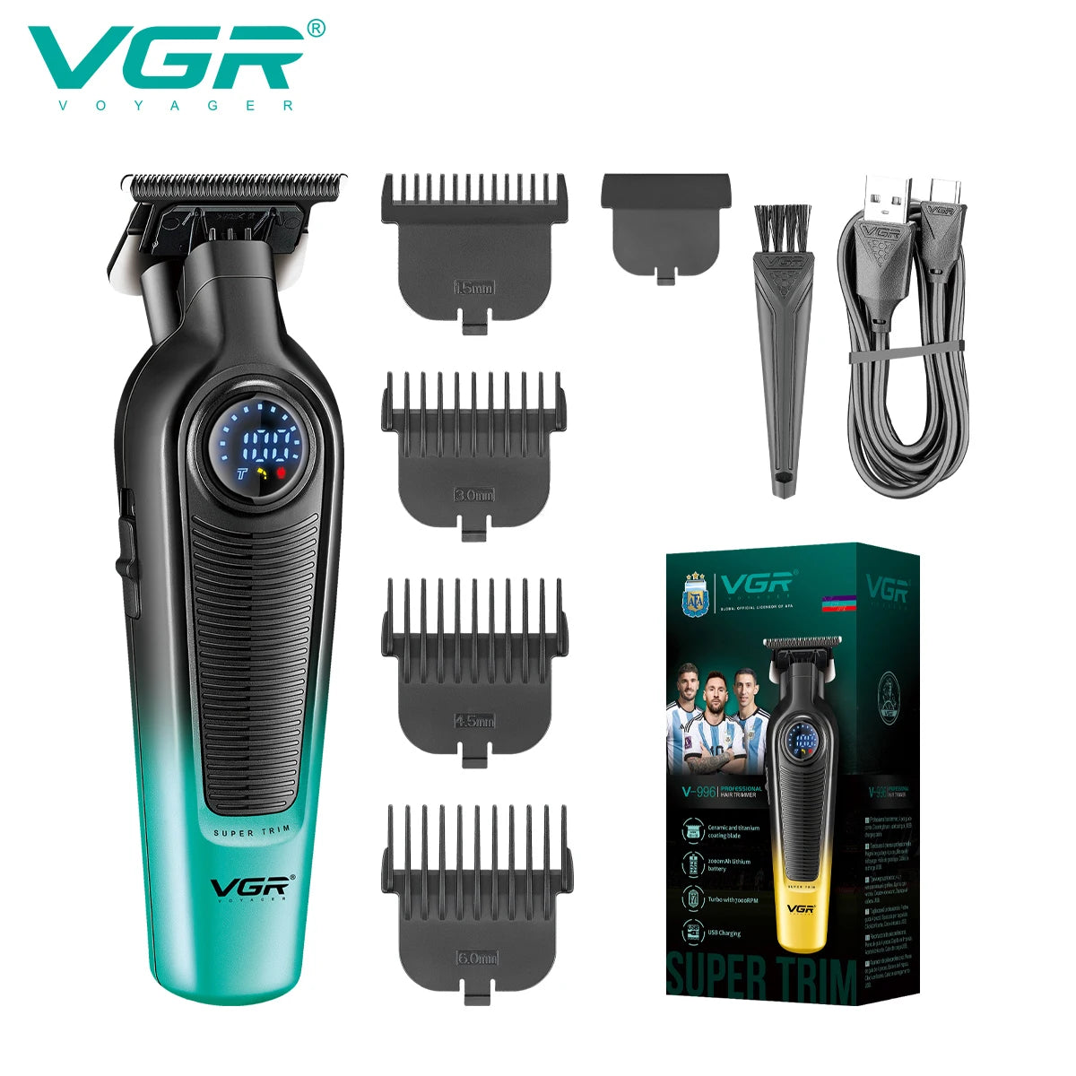 VGR NEW Men's Electric Hair Clipper Gradient Metal Body Hair Trimmer LED Intelligent Digital Display Home Carving Pusher V-996 Peaceful Pleasures Health and Wellness V-996green