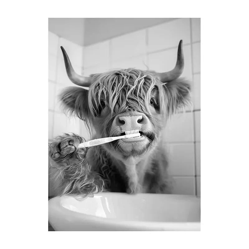 Funny Bathroom Animal Canvas Wall Art | Vintage Brushing Teeth