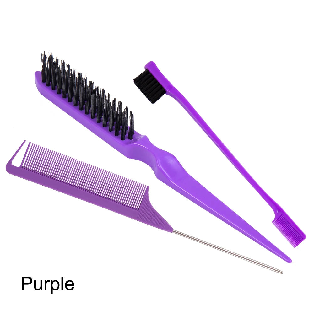 3 Piece Women's Hair Styling Brush Set Teasing Fluffy Rat Tail Comb Triple Teasing Curly Hair Accessories for Fluffy Volume Peaceful Pleasures Health and Wellness Pulple