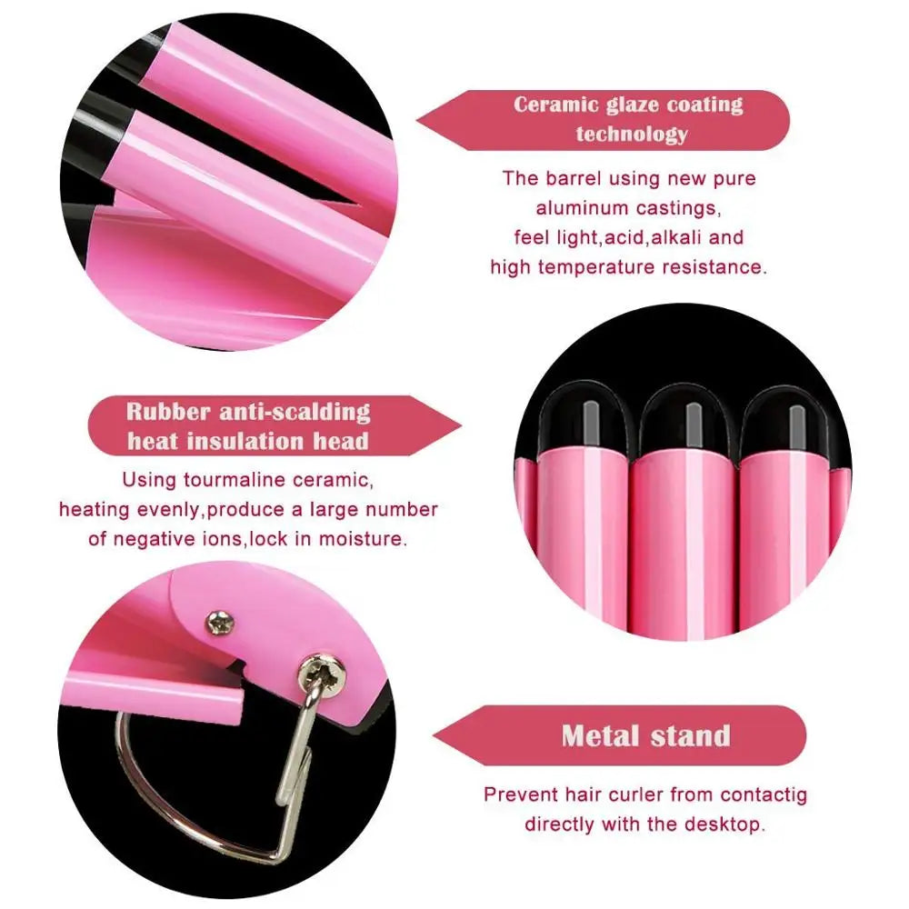 Easy Big Wave Hot Selling Portable New Mini Pink Ceramic Triple Barrel Curler Professional Hair Curling Iron Peaceful Pleasures Health and Wellness