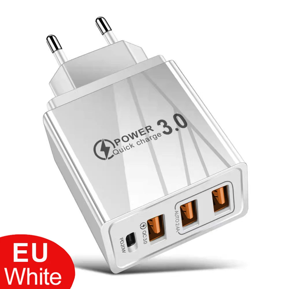 48W USB-C PD Fast Charger QC 3.0 | 4-Port EU/US Wall Adapter