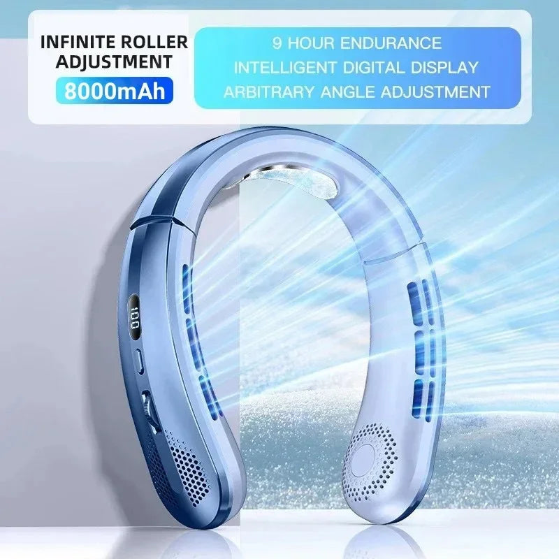 Mini New USB Hanging Neck Fan 8000mAh Rechargeable Bladeless Portable Mute LED Digital Display Electric Fans Air Cooler Peaceful Pleasures Health and Wellness Blue