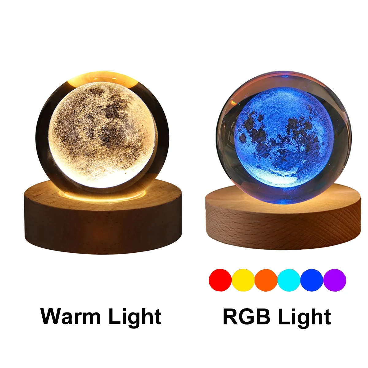 6cm Bedside Lamp Solar Theme Cosmos Series Crystal Ball Night Lights Milky Way Moon Small Ornaments for Desk Creative Gift RGB Peaceful Pleasures Health and Wellness Warm Light Moon USB Plug