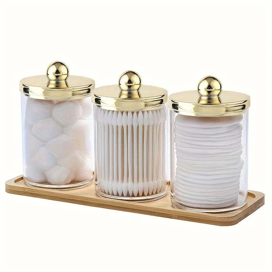 3 Pack Q-tip Holder Bathroom Organizer Set with Storage Tray – Acrylic Cotton Swab, Cotton Round & Cotton Ball Dispenser
