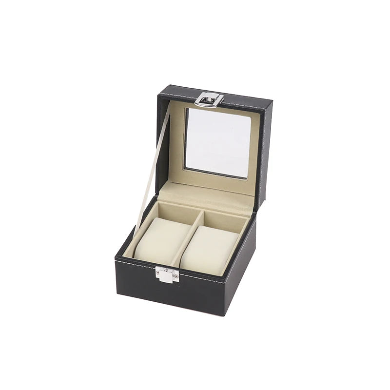 Watch Box Glass Lid Detachable Black PU Leather Watch Box Display Case Organizer With Framed Glass Lid And Removable Pillow Peaceful Pleasures Health and Wellness 2 Slot