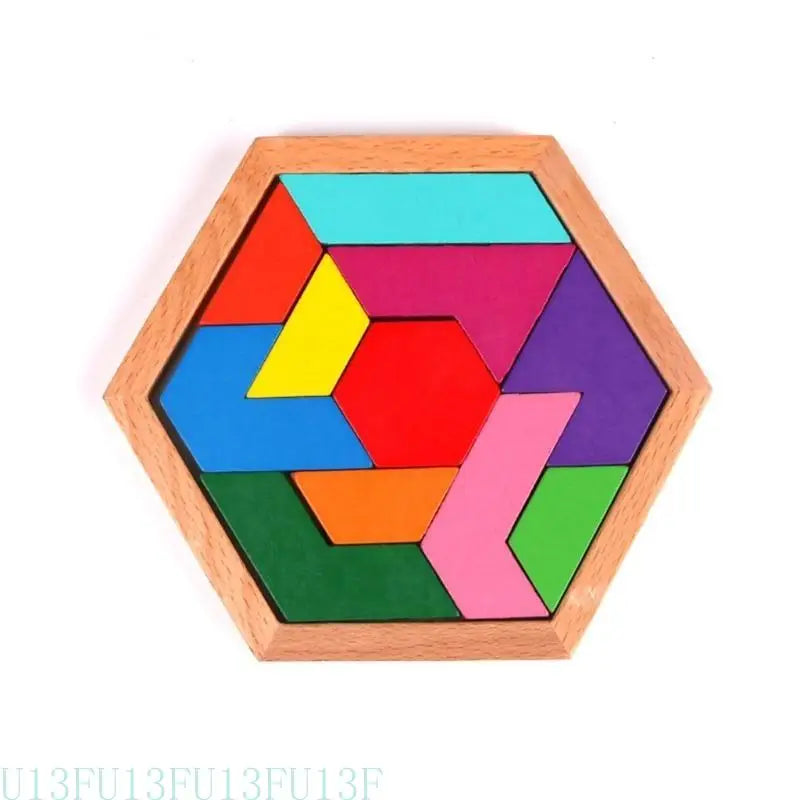 Wood Hexagon Tangram Puzzle – STEM Brain Teaser for Kids & Adults