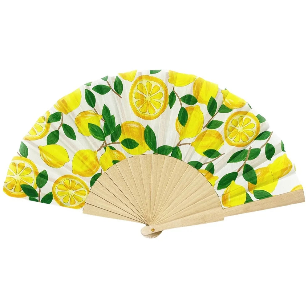 Lemon Print Folding Hand Fan | Wooden Handle Chinese Style Folding Hand Fan Peaceful Pleasures Health and Wellness Style 1
