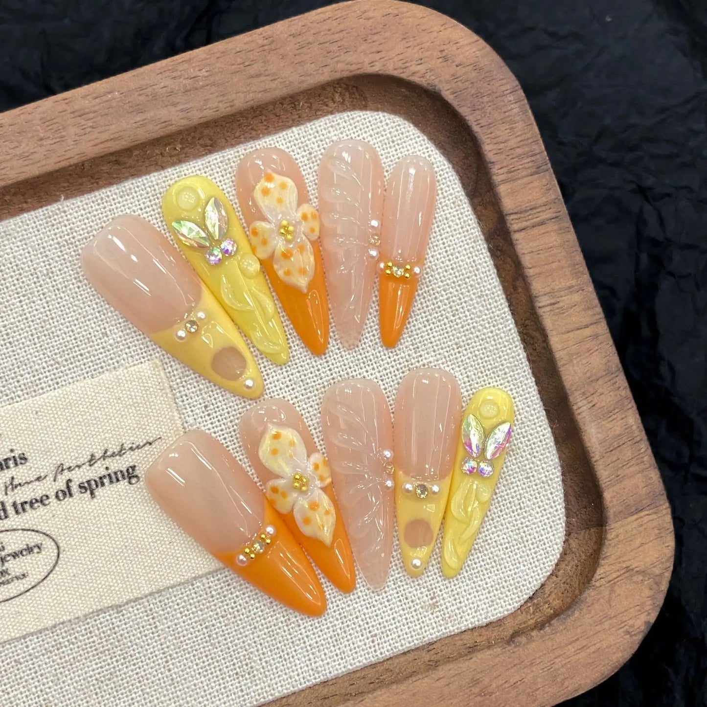 10pcs Handmade Summer Press on Nails Sweet 3d Carved Flower False Nails Wearable Full Cover Ins Long Almond False Nail Tips Peaceful Pleasures Health and Wellness S