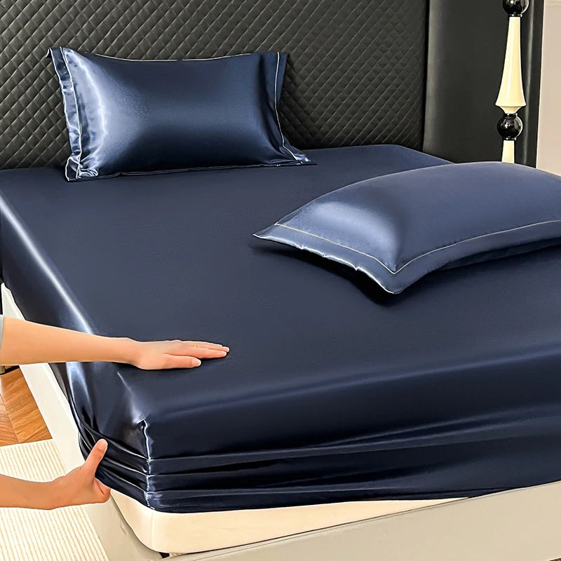 Silky Satin Fitted Bed Sheet Soft Deep Pocket Full Mattress Cover Fits 12 to 16 Inches Single Layer Comfortable Sleep Experience Peaceful Pleasures Health and Wellness Fitted Sheet Blue 200x220cm 1pc
